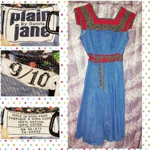 Plain Jane by Danuta Blue/Burgundy/Multiclr Floral Denim Wrap Dress Sz 9/10 70s